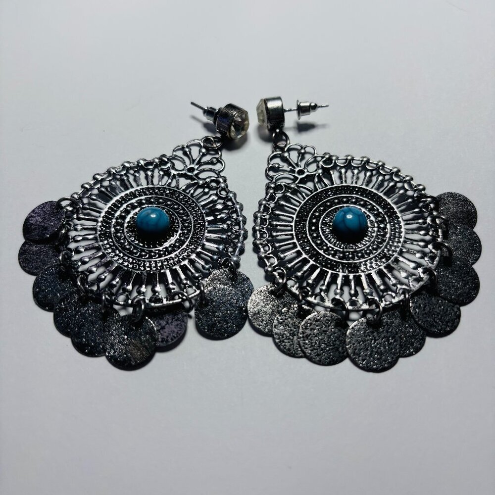 Boho Silver Tone Turquoise Medallion Drop Dangle Earrings